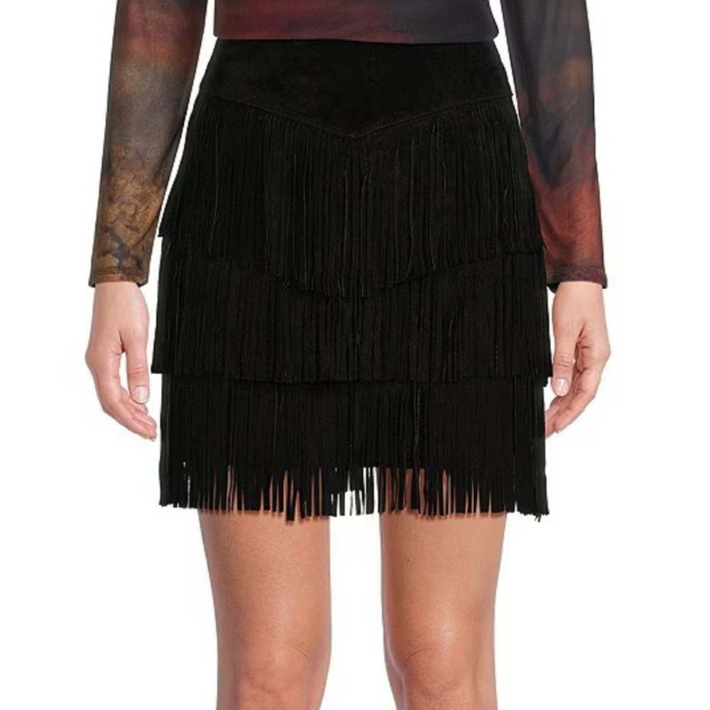 Scully Black Suede Tiered Fringe Mini Skirt